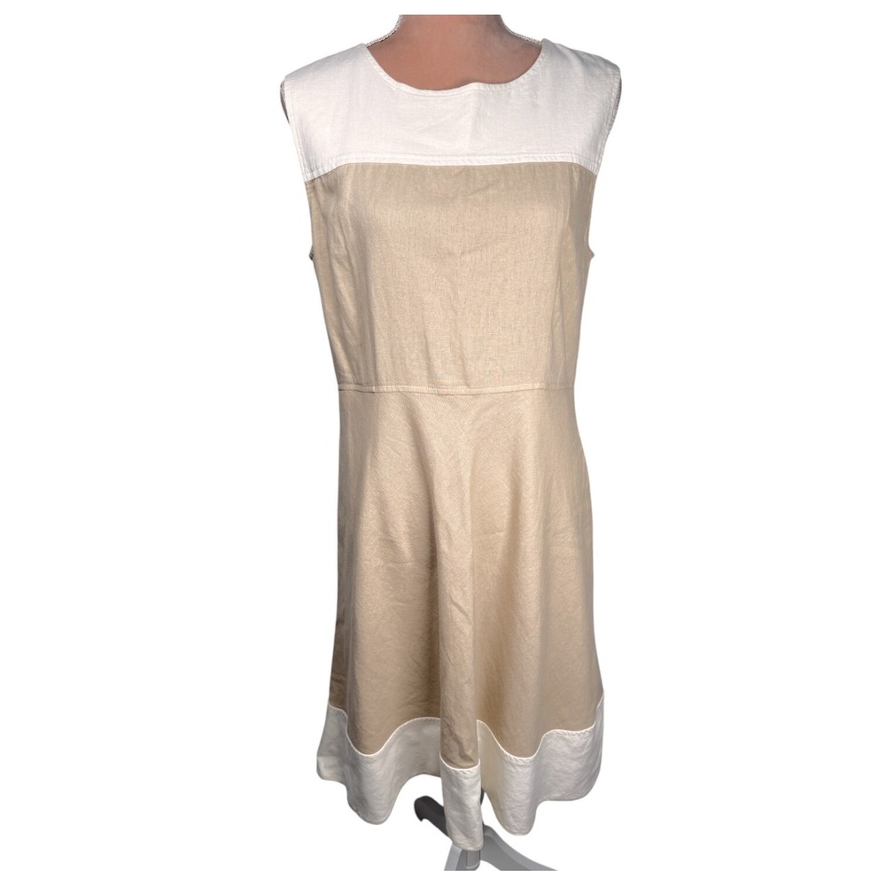 Pendleton Womens 12 Petite Linen Blend Midi Dress Tan Cream Sleeveless Vintage